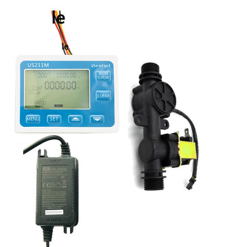 Complete digital water flow meter kit including the display controller, G1/2'' sensor, and power adapter.